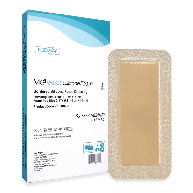 MedVanceTM Silicone Bordered Silicone Adhesive Foam Dressing Size 4X8 24x 64 Pad Box of 5 dressings